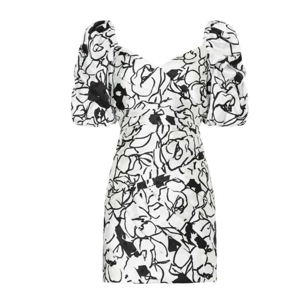 Ronny Kobo Black Floral Mini Dress Size 12 Puff Sleeve Ruche Party Designer $370 - Picture 3 of 12